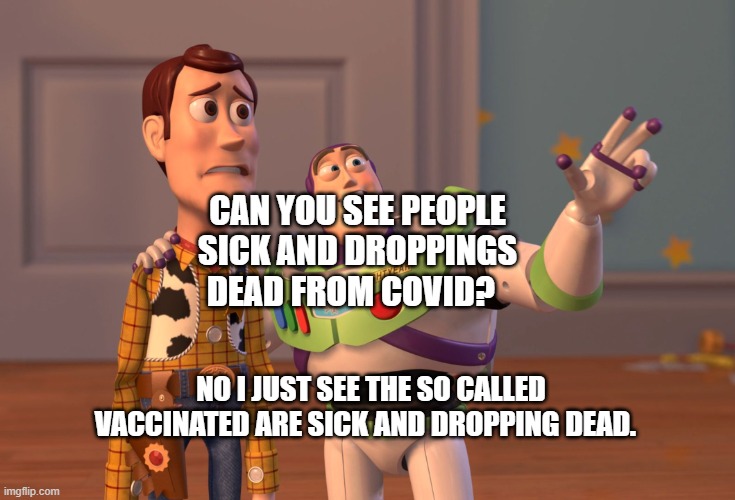 X, X Everywhere Meme | CAN YOU SEE PEOPLE SICK AND DROPPINGS DEAD FROM COVID? NO I JUST SEE THE SO CALLED VACCINATED ARE SICK AND DROPPING DEAD. | image tagged in memes,x x everywhere | made w/ Imgflip meme maker