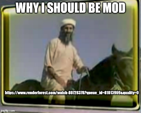 https://www.renderforest.com/watch-80728378?queue_id=81013969&quality=0 | WHY I SHOULD BE MOD; https://www.renderforest.com/watch-80728378?queue_id=81013969&quality=0 | image tagged in osama on horse | made w/ Imgflip meme maker