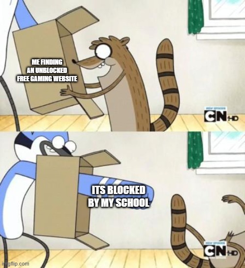 noooooooooooo | ME FINDING AN UNBLOCKED FREE GAMING WEBSITE; ITS BLOCKED BY MY SCHOOL | image tagged in mordecai punches rigby through a box,regular show,gaming,memes | made w/ Imgflip meme maker