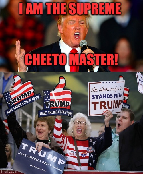 I AM THE SUPREME; CHEETO MASTER! | image tagged in donald trump orange,trump supporter | made w/ Imgflip meme maker