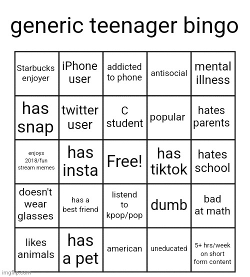 generic teenager bingo Blank Meme Template