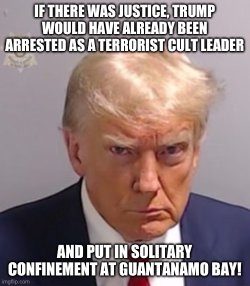 Donald Trump Mugshot | IF THERE WAS JUSTICE, TRUMP WOULD HAVE ALREADY BEEN ARRESTED AS A TERRORIST CULT LEADER; AND PUT IN SOLITARY CONFINEMENT AT GUANTANAMO BAY! | image tagged in donald trump mugshot | made w/ Imgflip meme maker