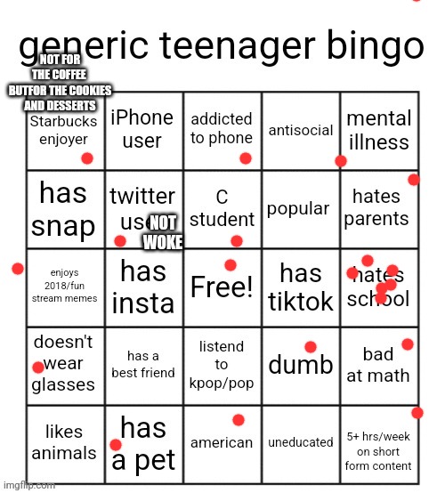 Yeah yo I guess | NOT FOR THE COFFEE  BUTFOR THE COOKIES AND DESSERTS; NOT WOKE | image tagged in generic teenager bingo | made w/ Imgflip meme maker