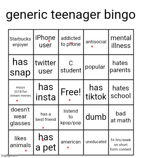Qhar | image tagged in generic teenager bingo | made w/ Imgflip meme maker