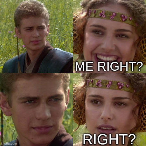 Anakin Padme 4 Panel | ME RIGHT? RIGHT? | image tagged in anakin padme 4 panel | made w/ Imgflip meme maker