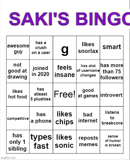 Blank Bingo | awesome guy; g; has a crush on a user; smart; likes snorlax; feels insane; has alot of username changes; has more than 75 followers; not good at drawing; joined in 2020; good at games; likes hot food; introvert; has atleast 5 plushies; competitive; has a phone; listens to breakcore; bad internet; likes chips; types fast; sense of humor is broken; likes sonic; has only 1 sibling; reposts memes | image tagged in blank bingo | made w/ Imgflip meme maker