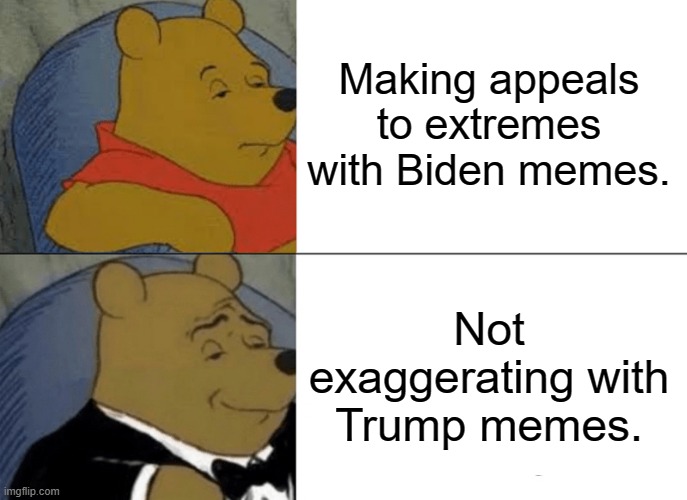 Tuxedo Winnie The Pooh Meme | Making appeals to extremes with Biden memes. Not exaggerating with Trump memes. | image tagged in memes,tuxedo winnie the pooh | made w/ Imgflip meme maker