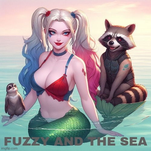 the next little mermaid movie looks really interesting now that i think about it | FUZZY AND THE SEA | image tagged in fan film,rocket raccoon,harley quinn,the little mermaid,ai | made w/ Imgflip meme maker