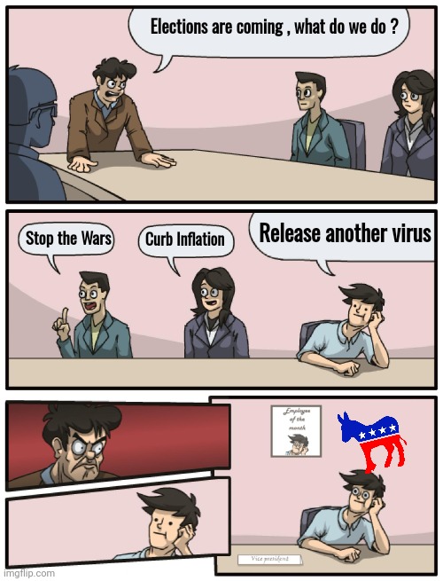 At the DNC War Room | Elections are coming , what do we do ? Release another virus; Stop the Wars; Curb Inflation | image tagged in boardroom meeting unexpected ending,voters,well yes but actually no,collateral damage,politicians suck,who cares | made w/ Imgflip meme maker