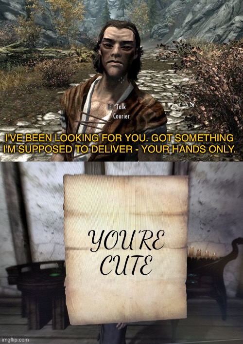 Skyrim Flirt | I'VE BEEN LOOKING FOR YOU. GOT SOMETHING I'M SUPPOSED TO DELIVER - YOUR HANDS ONLY. YOU’RE CUTE | image tagged in skyrim,flirt | made w/ Imgflip meme maker