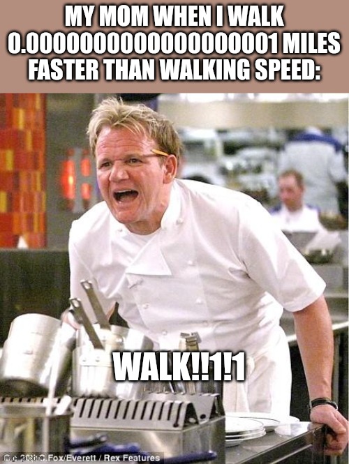 Yup. | MY MOM WHEN I WALK 0.0000000000000000001 MILES FASTER THAN WALKING SPEED:; WALK!!1!1 | image tagged in memes,chef gordon ramsay | made w/ Imgflip meme maker