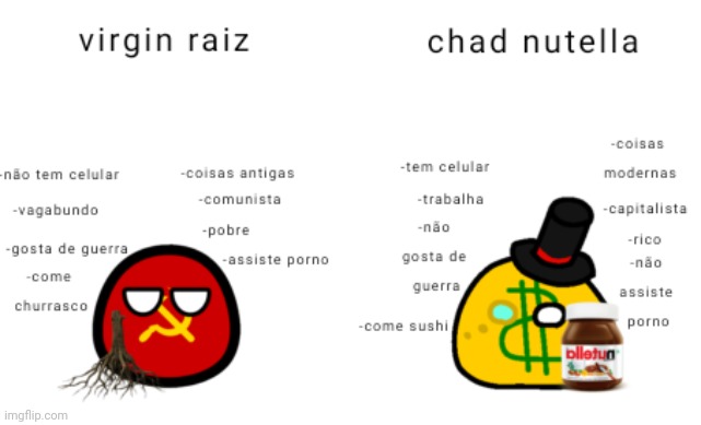 Raiz é ruim e nutella é bom | image tagged in virgin vs chad,raiz,nutella,communism,capitalism,virgin and chad | made w/ Imgflip meme maker
