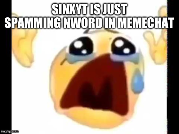 cursed crying emoji | SINXYT IS JUST SPAMMING NWORD IN MEMECHAT | image tagged in cursed crying emoji | made w/ Imgflip meme maker