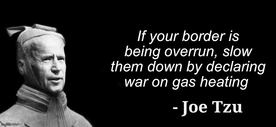 Joe is a greater threat than the weather | If your border is being overrun, slow them down by declaring war on gas heating | image tagged in joe tzu,politics lol,memes | made w/ Imgflip meme maker