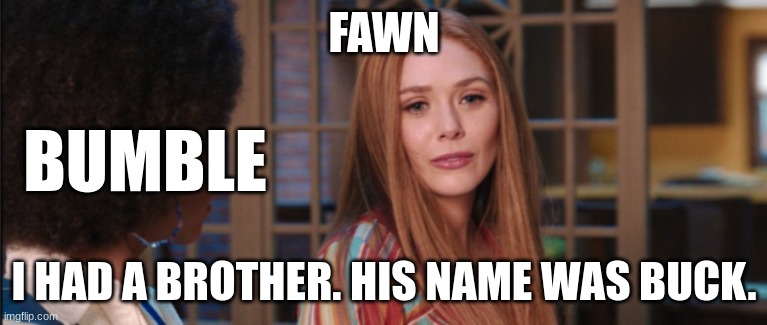 WAIT FAWN HAS A BROTHER I FORGOT TO TELL YOU GUYS | FAWN; BUMBLE; I HAD A BROTHER. HIS NAME WAS BUCK. | image tagged in wandavision i had a brother,ocs | made w/ Imgflip meme maker