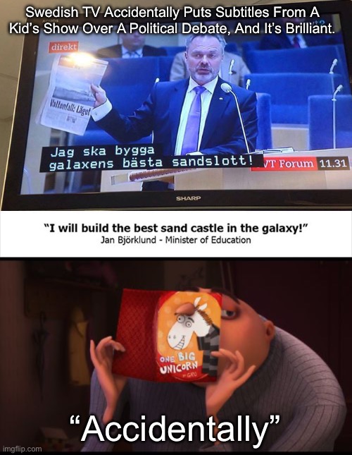 Oopsies | Swedish TV Accidentally Puts Subtitles From A Kid’s Show Over A Political Debate, And It’s Brilliant. “Accidentally” | image tagged in gru accidentally maliciously,oopsies,accident,there are no accidents | made w/ Imgflip meme maker