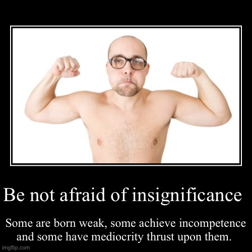 Be not afraid of insignificance | Some are born weak, some achieve incompetence and some have mediocrity thrust upon them. | image tagged in funny,demotivationals | made w/ Imgflip demotivational maker