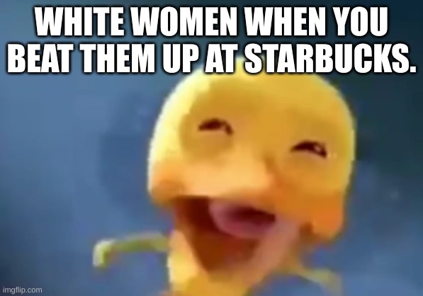 crying duck | WHITE WOMEN WHEN YOU BEAT THEM UP AT STARBUCKS. | image tagged in crying duck | made w/ Imgflip meme maker