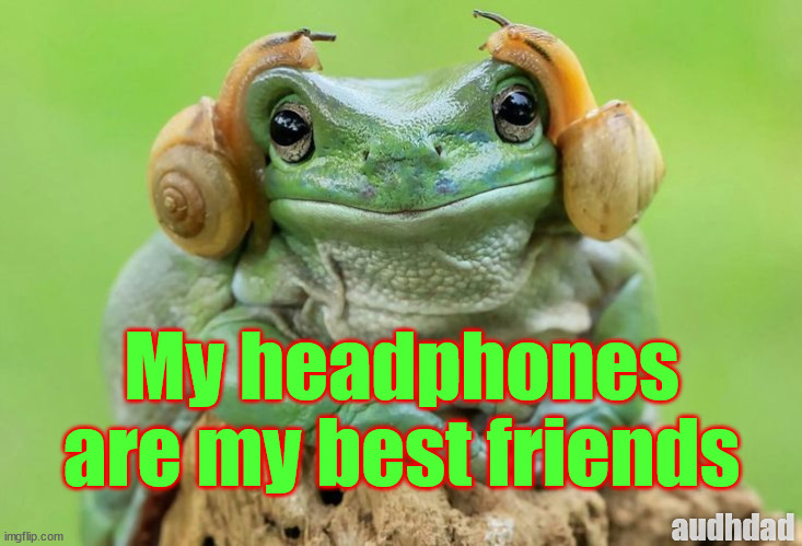 ADHD loves headphones | My headphones are my best friends; audhdad | image tagged in frog,snails,headphones,memes,adhd,audhd | made w/ Imgflip meme maker