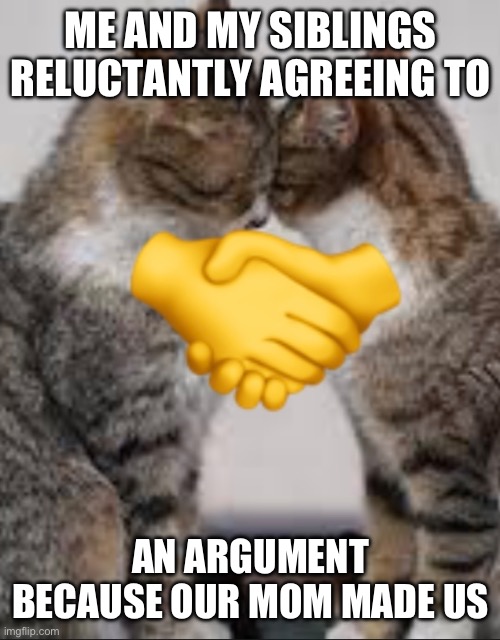 C’mon! Tell me this is relatable! | ME AND MY SIBLINGS RELUCTANTLY AGREEING TO; AN ARGUMENT BECAUSE OUR MOM MADE US | image tagged in relatable | made w/ Imgflip meme maker
