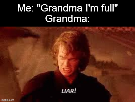 I am tho. | Me: "Grandma I'm full"
Grandma: | image tagged in anakin liar,memes,funny,relatable,lol | made w/ Imgflip meme maker
