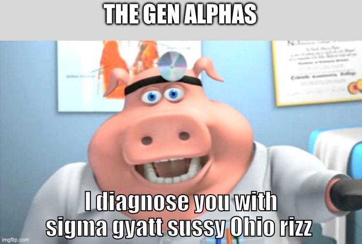 Stop this madness | THE GEN ALPHAS; I diagnose you with sigma gyatt sussy Ohio rizz | image tagged in i diagnose you with dead | made w/ Imgflip meme maker