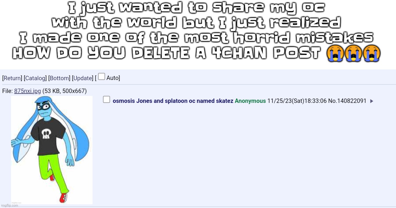 Please help | I just wanted to share my oc with the world but I just realized I made one of the most horrid mistakes HOW DO YOU DELETE A 4CHAN POST 😭😭😭 | made w/ Imgflip meme maker