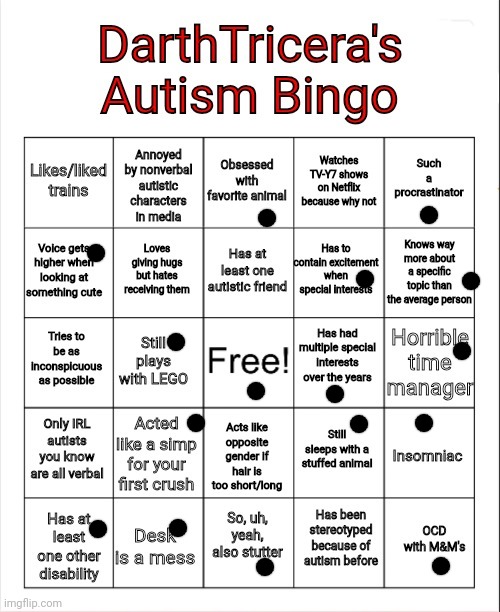 I am most likely autistic | image tagged in darthtricera's autism bingo | made w/ Imgflip meme maker