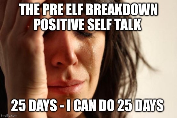 Elf Coaching | THE PRE ELF BREAKDOWN POSITIVE SELF TALK; 25 DAYS - I CAN DO 25 DAYS | image tagged in memes,first world problems,elf on the shelf,christmas | made w/ Imgflip meme maker