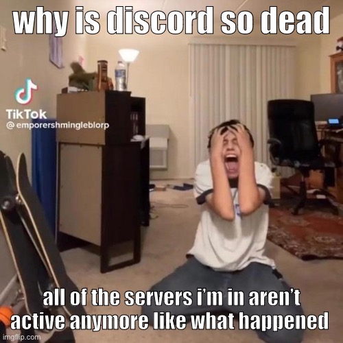 like there used to be 85+ messages a second bru | why is discord so dead; all of the servers i’m in aren’t active anymore like what happened | image tagged in me rn | made w/ Imgflip meme maker