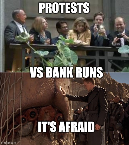 Nature has given Democracy has a reset button | PROTESTS; VS BANK RUNS; IT'S AFRAID | image tagged in snobs,it's afraid | made w/ Imgflip meme maker