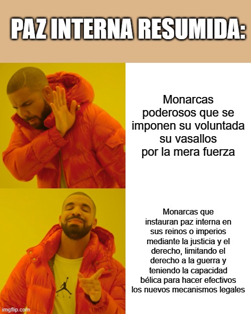 Drake Hotline Bling Meme | PAZ INTERNA RESUMIDA:; Monarcas poderosos que se imponen su voluntada su vasallos por la mera fuerza; Monarcas que instauran paz interna en sus reinos o imperios mediante la justicia y el derecho, limitando el derecho a la guerra y teniendo la capacidad bélica para hacer efectivos los nuevos mecanismos legales | image tagged in memes,drake hotline bling | made w/ Imgflip meme maker