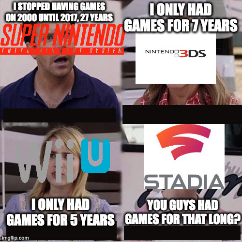 (Some things in this meme MIGHT be wrong.) | I STOPPED HAVING GAMES ON 2000 UNTIL 2017, 27 YEARS; I ONLY HAD GAMES FOR 7 YEARS; YOU GUYS HAD GAMES FOR THAT LONG? I ONLY HAD GAMES FOR 5 YEARS | image tagged in you guys are getting paid template,nintendo,stadia,google | made w/ Imgflip meme maker