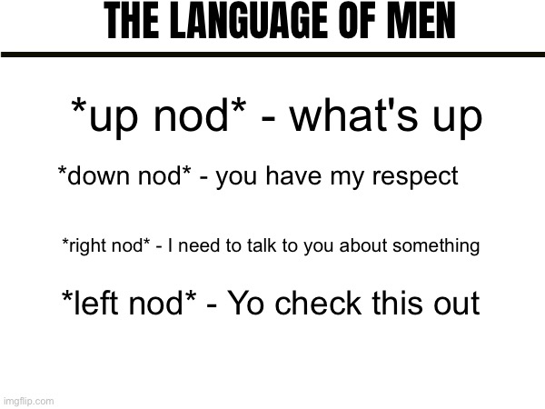 THE LANGUAGE OF MEN; *up nod* - what's up; *down nod* - you have my respect; *right nod* - I need to talk to you about something; *left nod* - Yo check this out | made w/ Imgflip meme maker