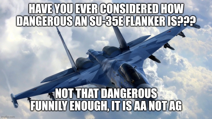 Fighter Jet | HAVE YOU EVER CONSIDERED HOW DANGEROUS AN SU-35E FLANKER IS??? NOT THAT DANGEROUS FUNNILY ENOUGH, IT IS AA NOT AG | image tagged in fighter jet | made w/ Imgflip meme maker