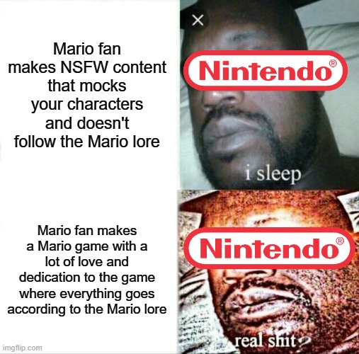 Just to be clear: this was just (another) random thought I had | Mario fan makes NSFW content that mocks your characters and doesn't follow the Mario lore; Mario fan makes a Mario game with a lot of love and dedication to the game where everything goes according to the Mario lore | image tagged in memes,sleeping shaq,mario,super mario,sad but true,nintendo | made w/ Imgflip meme maker