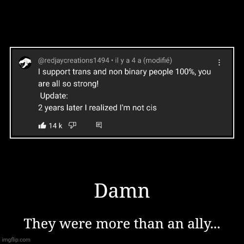 The real question is how did they found the comment back after 2 YEARS | Damn | They were more than an ally... | image tagged in funny,demotivationals,lgbtq | made w/ Imgflip demotivational maker