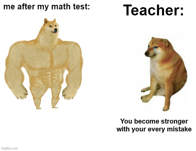 Math test makes me stronger | me after my math test:; Teacher:; You become stronger with your every mistake | image tagged in memes,buff doge vs cheems | made w/ Imgflip meme maker