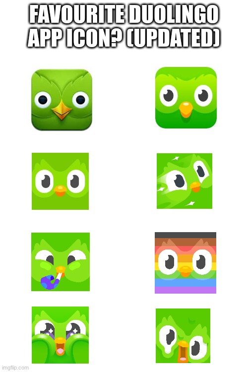 top 8 best duolingo faces | FAVOURITE DUOLINGO APP ICON? (UPDATED) | image tagged in duolingo | made w/ Imgflip meme maker