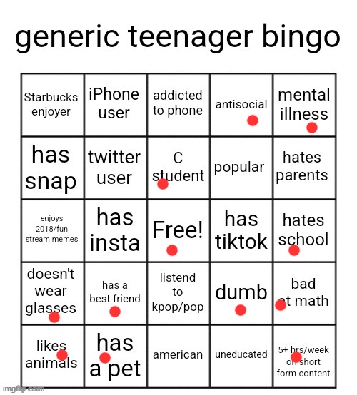 generic teenager bingo | image tagged in generic teenager bingo | made w/ Imgflip meme maker