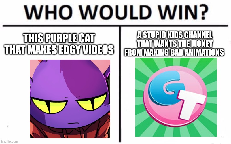 Who's going to win? | THIS PURPLE CAT THAT MAKES EDGY VIDEOS; A STUPID KIDS CHANNEL THAT WANTS THE MONEY FROM MAKING BAD ANIMATIONS | image tagged in memes,who would win,ryth,gametoons | made w/ Imgflip meme maker