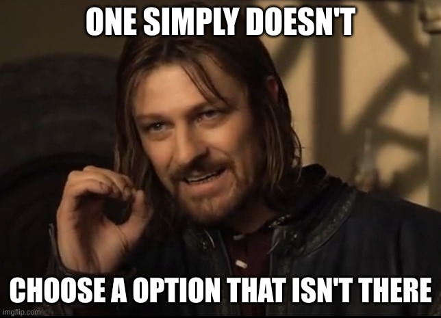 One Simply Does Not | ONE SIMPLY DOESN'T CHOOSE A OPTION THAT ISN'T THERE | image tagged in one simply does not | made w/ Imgflip meme maker