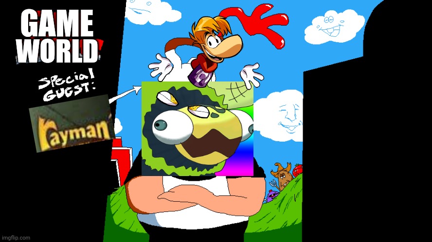 Game world SPECIAL GUEST RAYMAN! | GAME; WORLD | image tagged in rayman,gametoons,forest | made w/ Imgflip meme maker