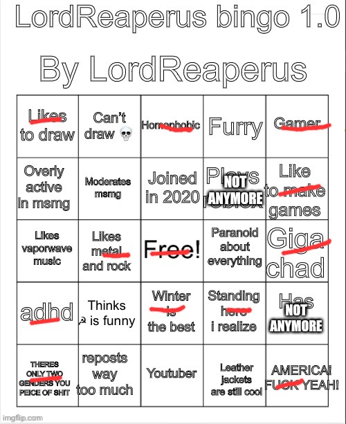 LordReaperus bingo 1.0 | NOT ANYMORE; NOT ANYMORE | image tagged in lordreaperus bingo 1 0 | made w/ Imgflip meme maker