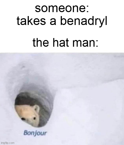 Bonjour | someone: takes a benadryl; the hat man: | image tagged in bonjour | made w/ Imgflip meme maker