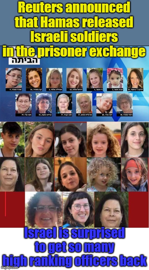 Super humanitarian Hamas releases 26 Israeli Soldiers, no civilians were harmed in thie October 7 massacre. | Reuters announced that Hamas released Israeli soldiers in the prisoner exchange; Israel is surprised to get so many high ranking officers back | image tagged in blank white template | made w/ Imgflip meme maker