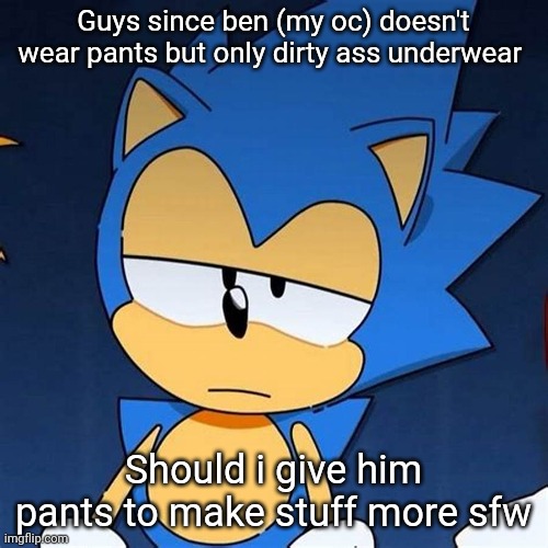bruh | Guys since ben (my oc) doesn't wear pants but only dirty ass underwear; Should i give him pants to make stuff more sfw | image tagged in bruh | made w/ Imgflip meme maker