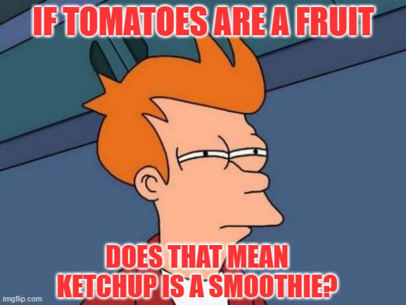 Is Ketchup a smoothie? | IF TOMATOES ARE A FRUIT; DOES THAT MEAN KETCHUP IS A SMOOTHIE? | image tagged in memes,futurama fry | made w/ Imgflip meme maker