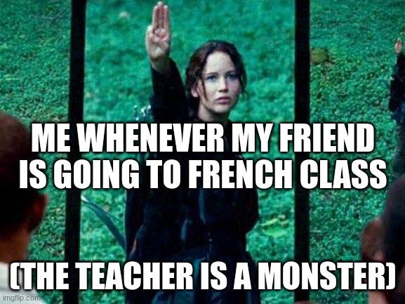 Hunger Games 2 | ME WHENEVER MY FRIEND IS GOING TO FRENCH CLASS; (THE TEACHER IS A MONSTER) | image tagged in hunger games 2,funny,oh wow are you actually reading these tags | made w/ Imgflip meme maker