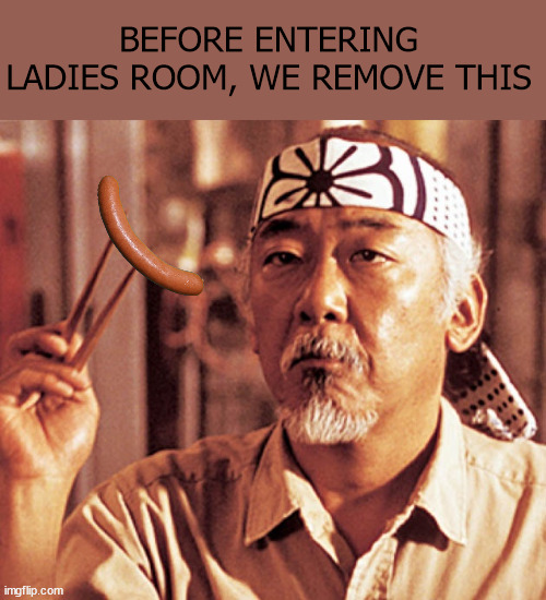 Trans in ladies room | BEFORE ENTERING LADIES ROOM, WE REMOVE THIS | image tagged in mr miagi | made w/ Imgflip meme maker